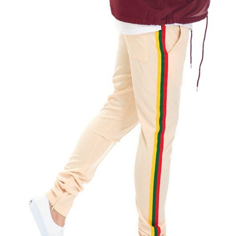 Men's Cream Jogger Pants with Red-Green-Yellow Side Stripes